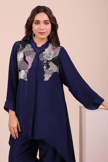 Buy_Myra Clothing Line_Navy Crepe Sequins Mandarin Collar, Button-down Abstract Pattern Top And Pant Set _Online_at_Aza_Fashions