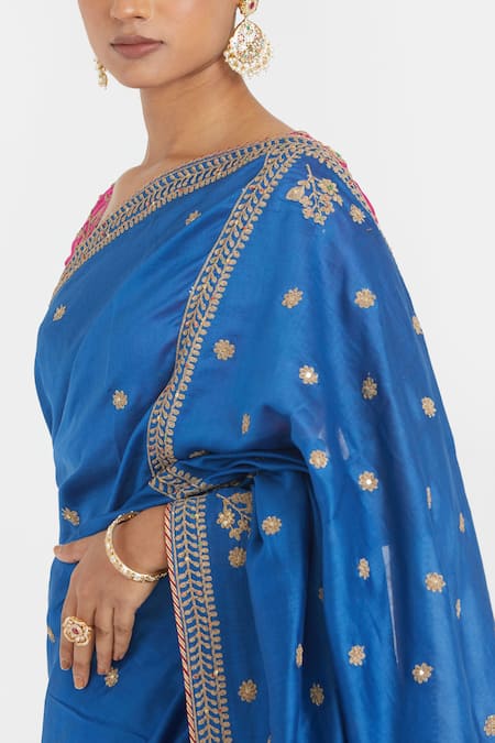 Shop_Kora_Blue Organza, Chanderi Embroidery, Zari, Beads, Dori Booti Saree _Online_at_Aza_Fashions