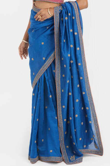 Buy_Kora_Blue Organza, Chanderi Embroidery, Zari, Beads, Dori Booti Saree 
