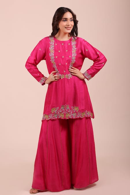 Buy_Myra Clothing Line_Pink Chanderi Embroidery Round Neck Floral Kurta And Sharara Set _Online_at_Aza_Fashions