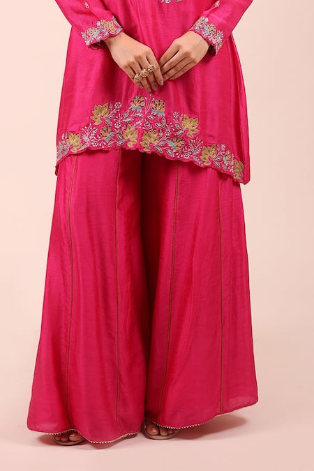 Shop_Myra Clothing Line_Pink Chanderi Embroidery Round Neck Floral Kurta And Sharara Set _Online_at_Aza_Fashions