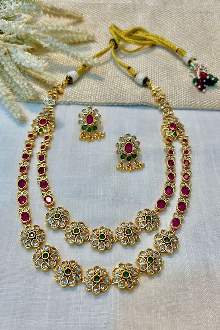 Prestones_Multi Color Gemstones, Beads Layered Studded Necklace Set _Online_at_Aza_Fashions