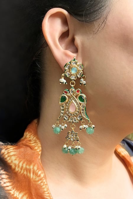 Prestones_Green Stones, Beads, Pearls Pastel Kundan Embellished Earrings _Online_at_Aza_Fashions
