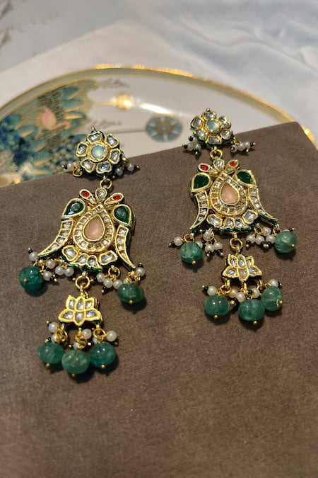 Buy_Prestones_Green Stones, Beads, Pearls Pastel Kundan Embellished Earrings _Online_at_Aza_Fashions