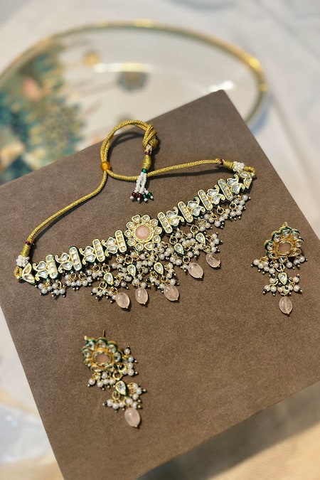 Prestones_Gold Plated Pearls, Stones, Beads Kundan Embellished Necklace Set _Online_at_Aza_Fashions