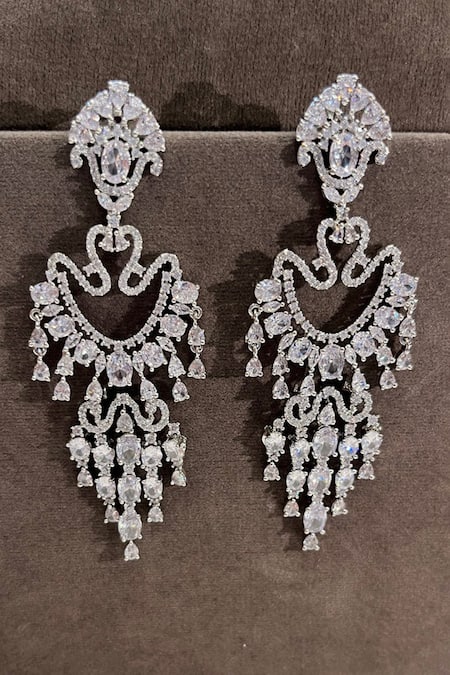 Prestones_Silver Plated Crystals, Stones Royal Cascade Zirconia Embellished Earrings _Online_at_Aza_Fashions