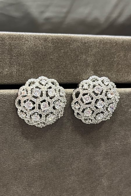 Prestones_Silver Plated Crystals, Rhinestones Round Shaped Zirconia Studs _Online_at_Aza_Fashions