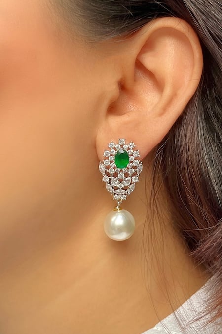 Prestones Pearl Drop Zirconia Earrings 