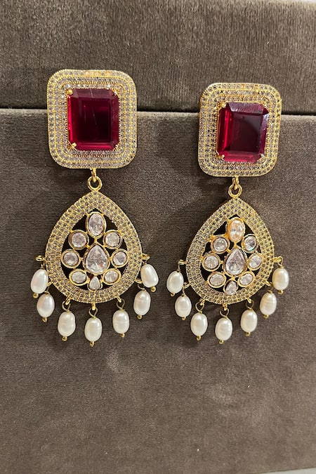Prestones Ruby Kundan Zirconia Drop Earrings 