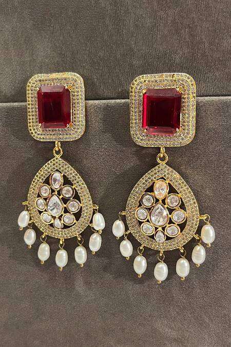 Prestones_Red Crystals, Pearls, Stones Ruby Kundan Zirconia Drop Earrings _Online_at_Aza_Fashions