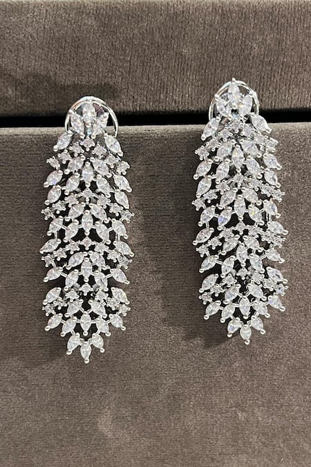Prestones_Silver Plated Stones Sleek Tassel White Zirconia Earrings _Online_at_Aza_Fashions