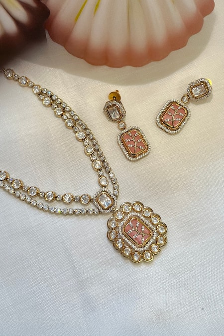 Prestones_Pink Stones Polki Floral Charm Pendant Necklace Set _Online_at_Aza_Fashions