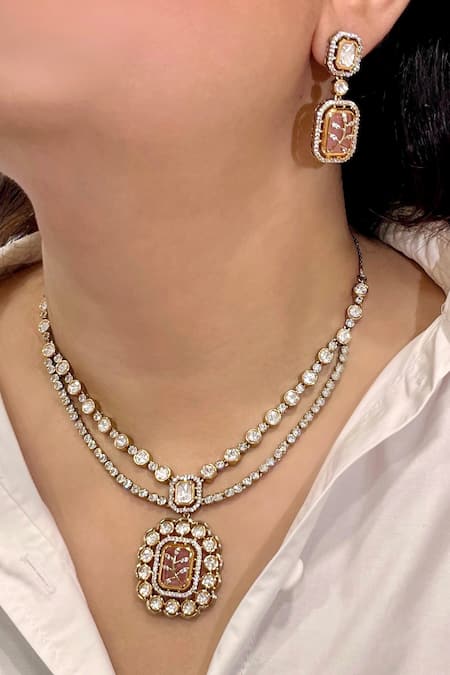 Prestones Polki Floral Charm Pendant Necklace Set 