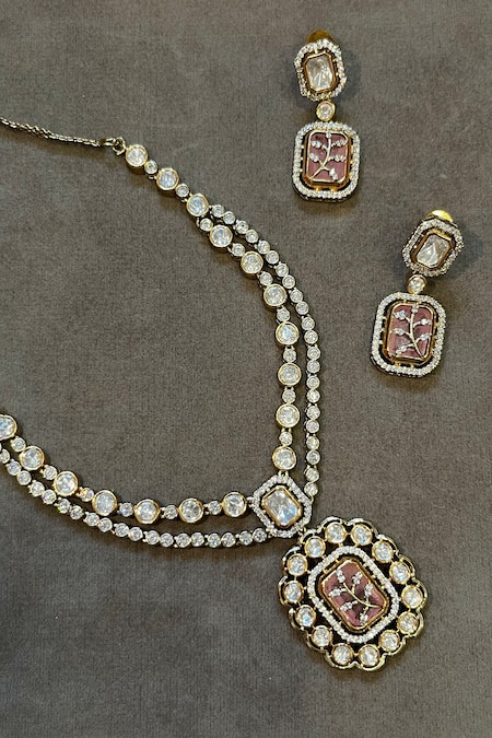 Buy_Prestones_Pink Stones Polki Floral Charm Pendant Necklace Set _Online_at_Aza_Fashions