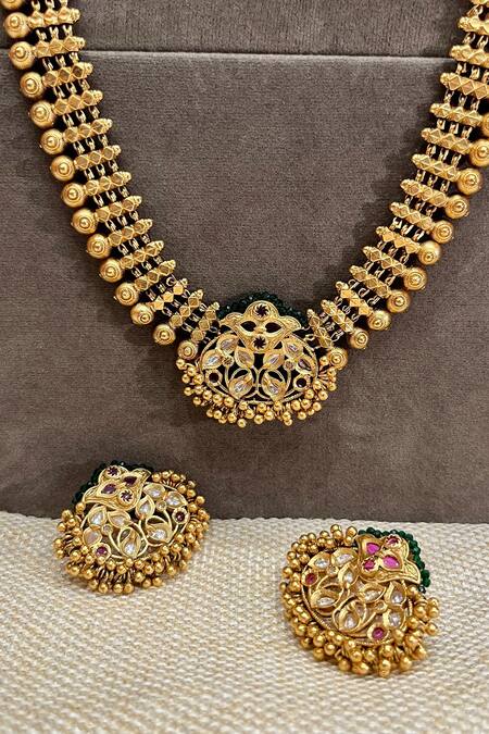 Prestones_Gold Plated Beads, Stones, Faux Diamonds Temple Heritage Motif Necklace Set _Online_at_Aza_Fashions