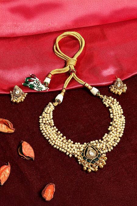 Prestones_White Pearls, Stones, Beads Temple Necklace Set _Online_at_Aza_Fashions