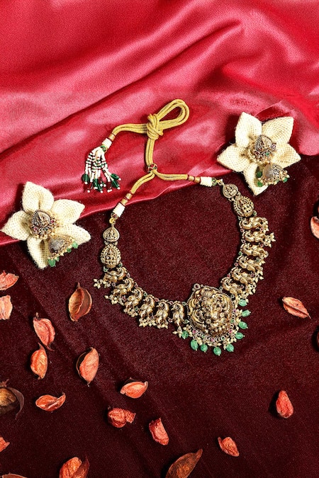 Prestones Gold Plated Pearls, Stones, Beads Finish Lakshmi Temple Necklace Set Online at Aza Fashions Prestones_Gold Plated Pearls, Stones, Beads Finish Lakshmi Temple Necklace Set _Online_at_Aza_Fashions