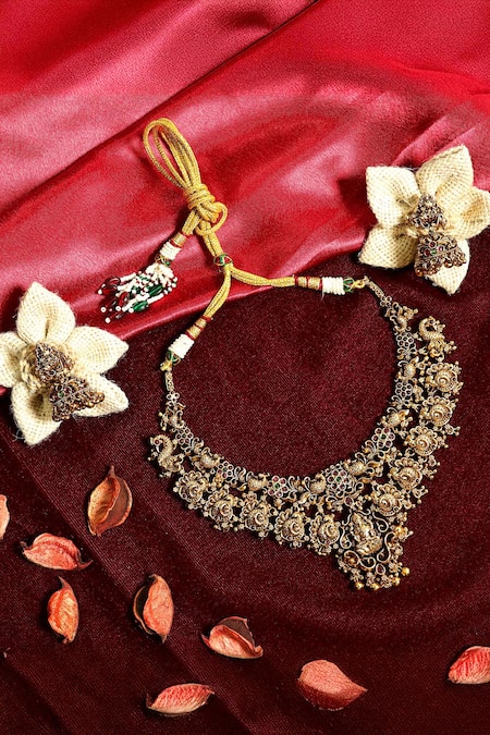 Prestones_Gold Plated Stones, Beads Floral Motif Necklace Set _Online_at_Aza_Fashions