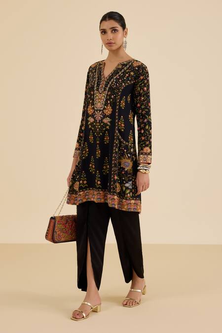 Shop_Ritu Kumar_Black Viscose Embroidery Split V-neck Floral And Aari Kurta _Online_at_Aza_Fashions