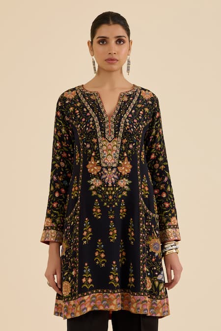 Ritu Kumar_Black Viscose Embroidery Split V-neck Floral And Aari Kurta _at_Aza_Fashions