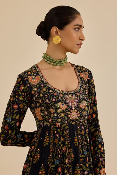 Shop Ritu Kumar Black Viscose, Lycra Embroidery, Piping Scoop Floral Print And Aari Anarkali Set Online at Aza Fashions Shop_Ritu Kumar_Black Viscose, Lycra Embroidery, Piping Scoop Floral Print And Aari Anarkali Set _Online_at_Aza_Fashions