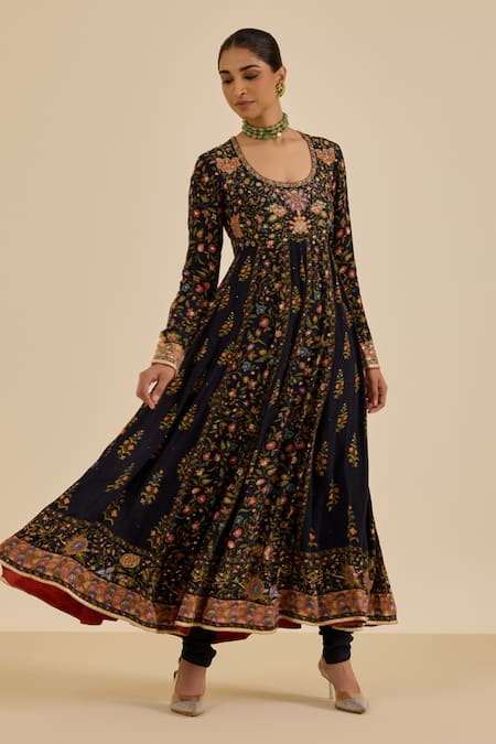 Shop Ritu Kumar Black Viscose, Lycra Embroidery, Piping Scoop Floral Print And Aari Anarkali Set Shop_Ritu Kumar_Black Viscose, Lycra Embroidery, Piping Scoop Floral Print And Aari Anarkali Set