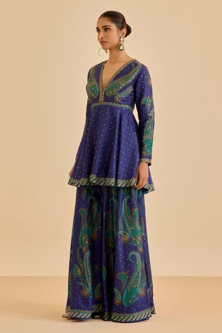 Ritu Kumar Blue Silk, Viscose Embroidery, Sequins Paisley Print And Kurta With Palazzo Online at Aza Fashions Ritu Kumar_Blue Silk, Viscose Embroidery, Sequins Paisley Print And Kurta With Palazzo _Online_at_Aza_Fashions