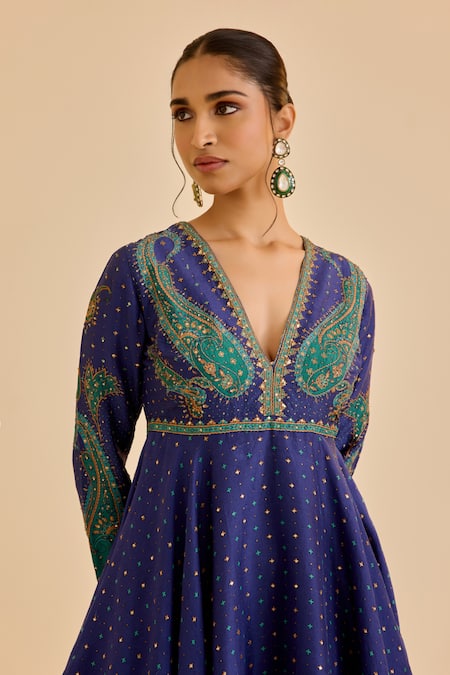 Shop Ritu Kumar Blue Silk, Viscose Embroidery, Sequins Paisley Print And Kurta With Palazzo Online at Aza Fashions Shop_Ritu Kumar_Blue Silk, Viscose Embroidery, Sequins Paisley Print And Kurta With Palazzo _Online_at_Aza_Fashions
