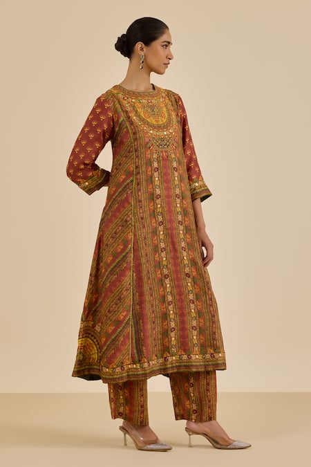 Shop Ritu Kumar Brown Silk, Rayon, Crepe, Viscose, Chinon Mirrors, Geometric Print And Kurta Set Online at Aza Fashions Shop_Ritu Kumar_Brown Silk, Rayon, Crepe, Viscose, Chinon Mirrors, Geometric Print And Kurta Set _Online_at_Aza_Fashions
