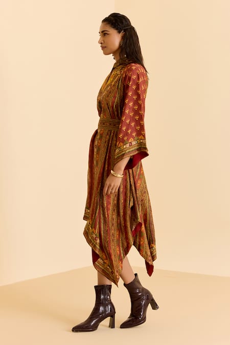 Ritu Kumar Brown Silk High , Keyhole Geometric Print Handkerchief Hem Dress Online at Aza Fashions Ritu Kumar_Brown Silk High , Keyhole Geometric Print Handkerchief Hem Dress _Online_at_Aza_Fashions