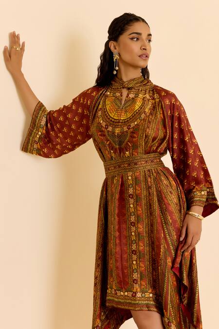 Shop Ritu Kumar Brown Silk High , Keyhole Geometric Print Handkerchief Hem Dress Online at Aza Fashions Shop_Ritu Kumar_Brown Silk High , Keyhole Geometric Print Handkerchief Hem Dress _Online_at_Aza_Fashions