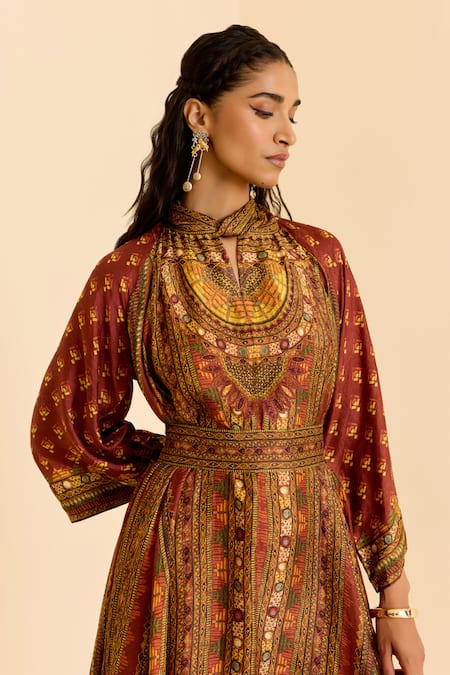 Ritu Kumar Brown Silk High , Keyhole Geometric Print Handkerchief Hem Dress at Aza Fashions Ritu Kumar_Brown Silk High , Keyhole Geometric Print Handkerchief Hem Dress _at_Aza_Fashions