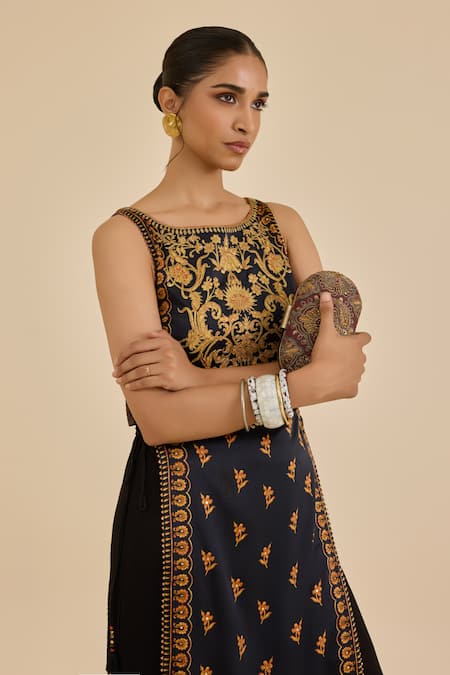 Ritu Kumar Black Silk, Polyester Embroidery Boat Floral Pattern Straight Kurta Gharara Set Online at Aza Fashions Ritu Kumar_Black Silk, Polyester Embroidery Boat Floral Pattern Straight Kurta Gharara Set _Online_at_Aza_Fashions