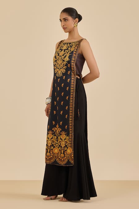 Buy Ritu Kumar Black Silk, Polyester Embroidery Boat Floral Pattern Straight Kurta Gharara Set Online at Aza Fashions Buy_Ritu Kumar_Black Silk, Polyester Embroidery Boat Floral Pattern Straight Kurta Gharara Set _Online_at_Aza_Fashions