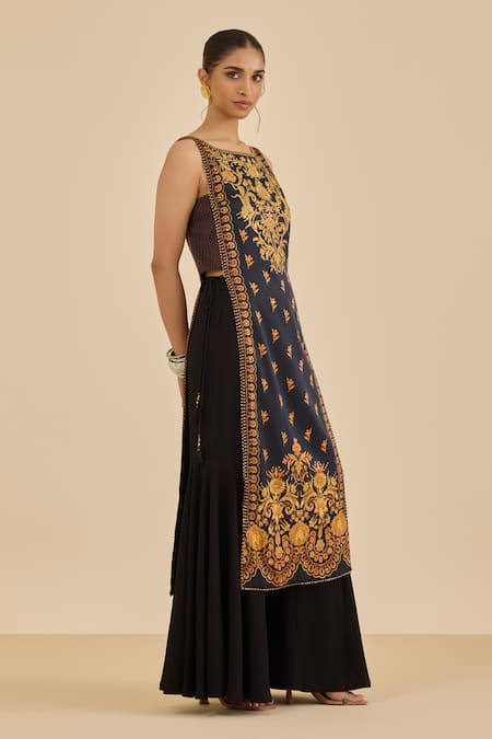 Shop Ritu Kumar Black Silk, Polyester Embroidery Boat Floral Pattern Straight Kurta Gharara Set Online at Aza Fashions Shop_Ritu Kumar_Black Silk, Polyester Embroidery Boat Floral Pattern Straight Kurta Gharara Set _Online_at_Aza_Fashions