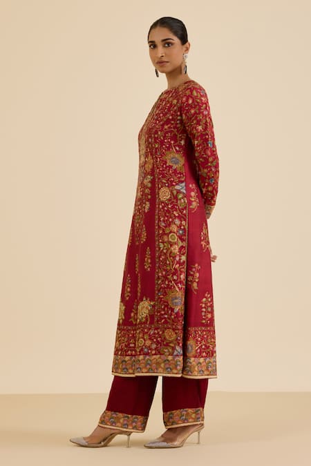 Ritu Kumar Burgundy Silk, Viscose Embroidery Round Floral Print Straight Kurta Pant Set Online at Aza Fashions Ritu Kumar_Burgundy Silk, Viscose Embroidery Round Floral Print Straight Kurta Pant Set _Online_at_Aza_Fashions