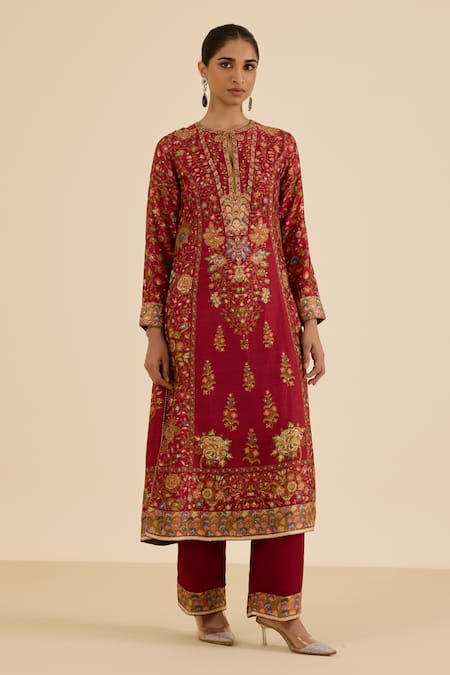 Buy Ritu Kumar Burgundy Silk, Viscose Embroidery Round Floral Print Straight Kurta Pant Set Online at Aza Fashions Buy_Ritu Kumar_Burgundy Silk, Viscose Embroidery Round Floral Print Straight Kurta Pant Set _Online_at_Aza_Fashions