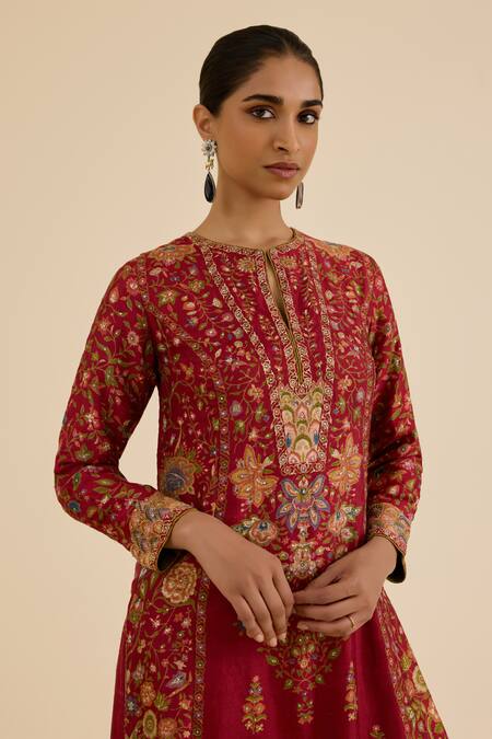 Ritu Kumar Burgundy Silk, Viscose Embroidery Round Floral Print Straight Kurta Pant Set at Aza Fashions Ritu Kumar_Burgundy Silk, Viscose Embroidery Round Floral Print Straight Kurta Pant Set _at_Aza_Fashions