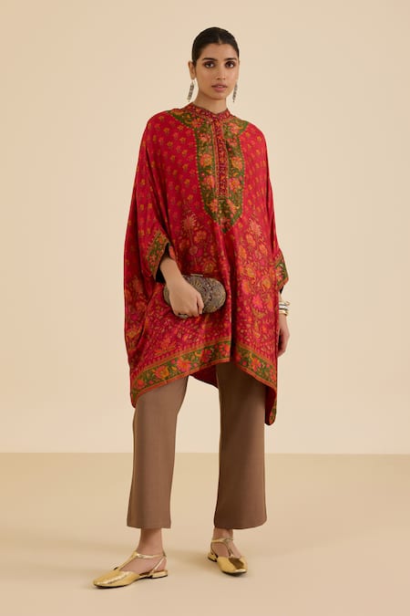 Ritu Kumar_Red Silk Embroidery, Sequins Mandarin Collar Floral Print Kaftan _Online_at_Aza_Fashions