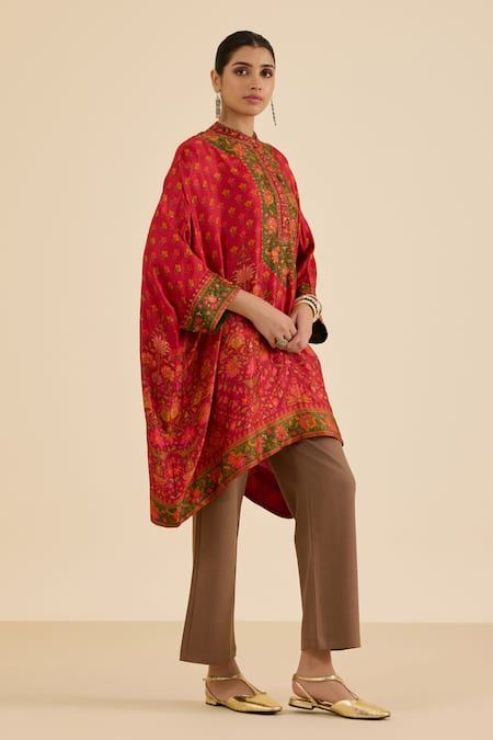 Buy_Ritu Kumar_Red Silk Embroidery, Sequins Mandarin Collar Floral Print Kaftan _Online_at_Aza_Fashions