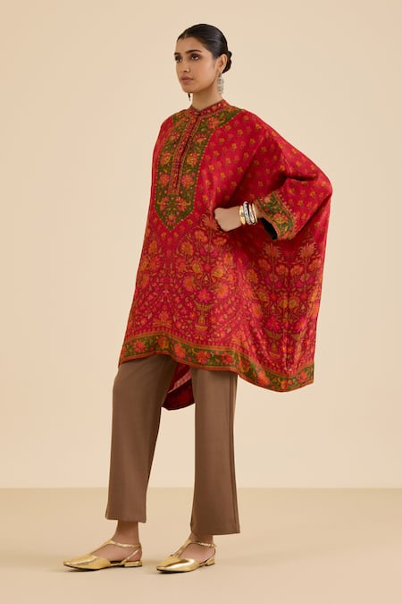 Shop_Ritu Kumar_Red Silk Embroidery, Sequins Mandarin Collar Floral Print Kaftan _Online_at_Aza_Fashions