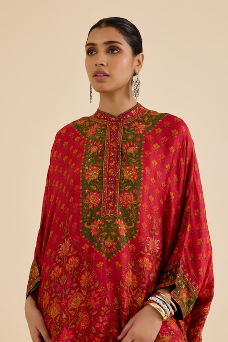 Ritu Kumar_Red Silk Embroidery, Sequins Mandarin Collar Floral Print Kaftan _at_Aza_Fashions