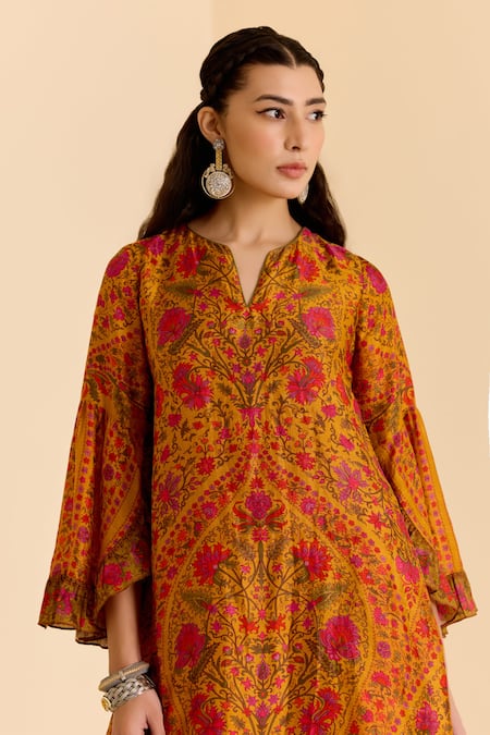 Ritu Kumar_Yellow Silk V-neck Floral Print Kurta And Palazzo Set _Online_at_Aza_Fashions