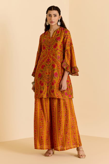 Shop_Ritu Kumar_Yellow Silk V-neck Floral Print Kurta And Palazzo Set _Online_at_Aza_Fashions