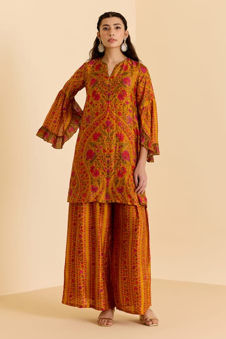Ritu Kumar_Yellow Silk V-neck Floral Print Kurta And Palazzo Set _at_Aza_Fashions