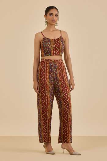 Ritu Kumar_Burgundy Rayon, Crepe Sequins Open Neck, Printed And Embroidered Cape Pant Set_Online_at_Aza_Fashions