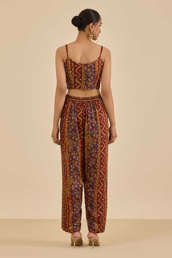 Buy_Ritu Kumar_Burgundy Rayon, Crepe Sequins Open Neck, Printed And Embroidered Cape Pant Set_Online_at_Aza_Fashions