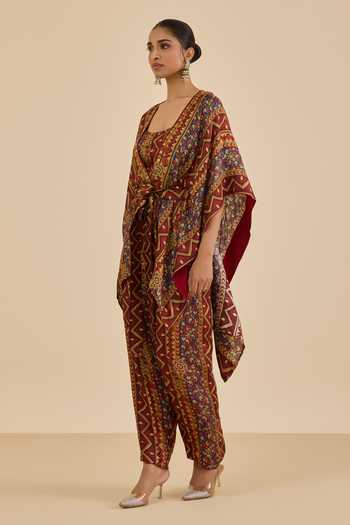 Shop_Ritu Kumar_Burgundy Rayon, Crepe Sequins Open Neck, Printed And Embroidered Cape Pant Set_Online_at_Aza_Fashions