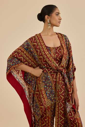 Ritu Kumar_Burgundy Rayon, Crepe Sequins Open Neck, Printed And Embroidered Cape Pant Set_at_Aza_Fashions