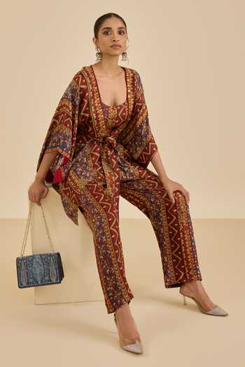 Buy_Ritu Kumar_Burgundy Rayon, Crepe Sequins Open Neck, Printed And Embroidered Cape Pant Set